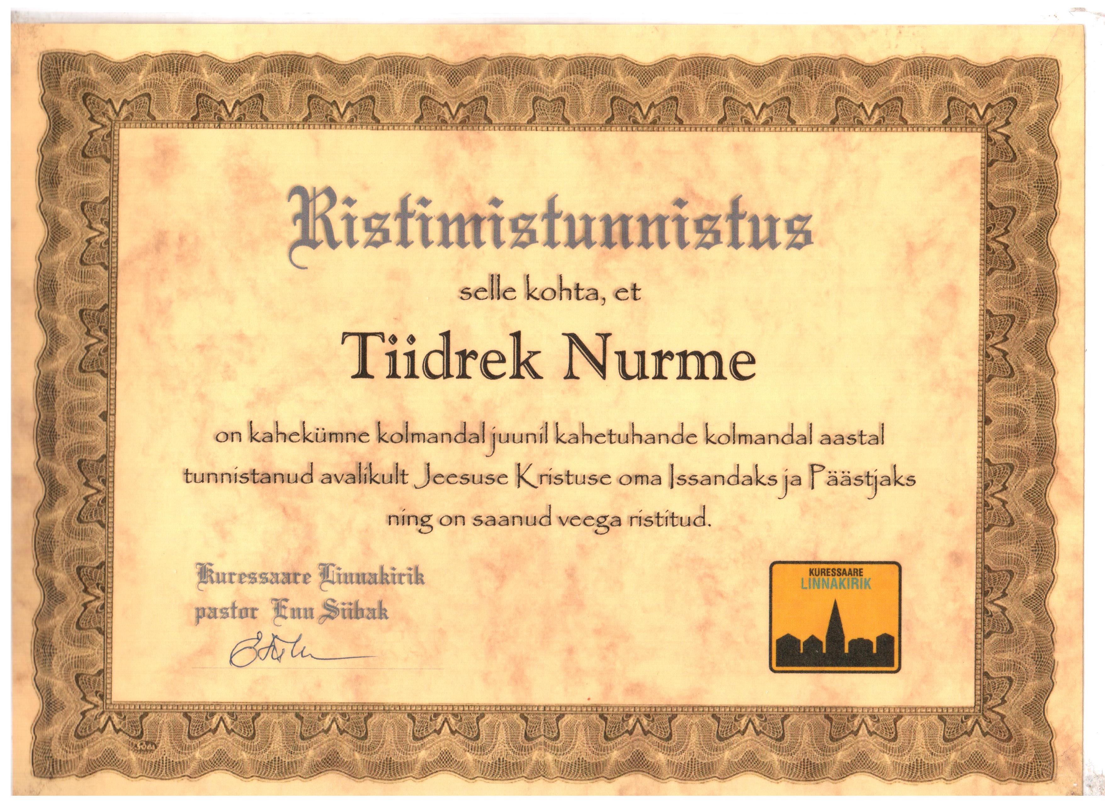 Tiidreku ristimistunnistus, 2003